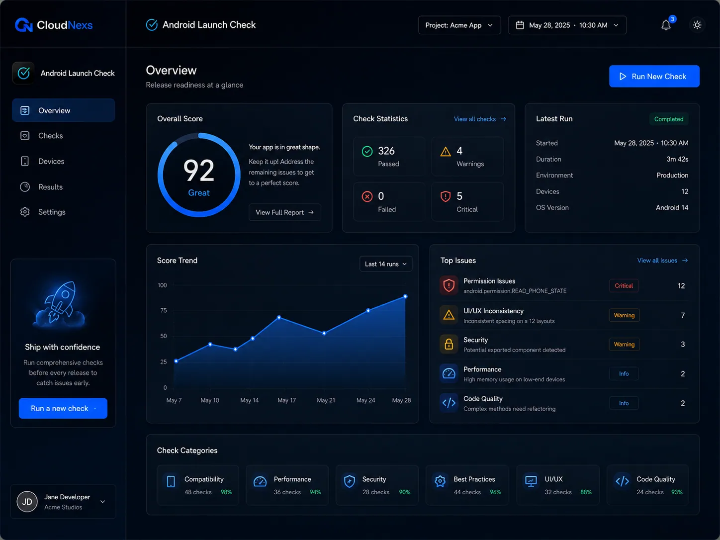 Android Launch Check dashboard